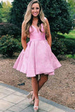 Pink V-Neck A-line Satin Short Lace Homecoming Dress With Pockets OKY15