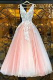 Beautiful Blush Pink V Neck Prom Dress Lace Appliques Tulle Floor Length Evening Gowns OKX60