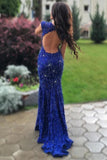 Sparkly Royal Blue Lace Beaded Long Mermaid Backless Prom Dress Evening Dresses K753