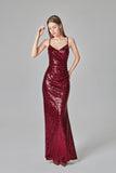 Burgundy Sequins Sheath Spaghetti Straps Prom Dress XU90811