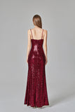 Burgundy Sequins Sheath Spaghetti Straps Prom Dress XU90811