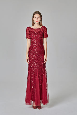 Burgundy Sheath Short Sleeves Round Long Prom Dress 90801