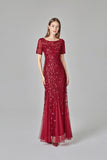 Burgundy Sheath Short Sleeves Round Long Prom Dress 90801