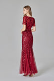 Burgundy Sheath Short Sleeves Round Long Prom Dress 90801