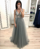 New A Line V Neck Grey Prom Dress, Beaded Sequins Prom Dress OKK22