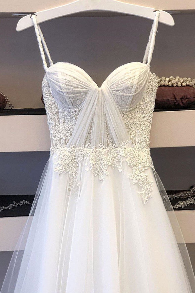 White Spaghetti Straps Tulle Lace Appliques Long Prom Dress Evening Dress OKS624