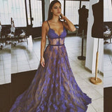 Purple Lace Spaghetti Straps Nude Lining Long Sexy Prom Dresses OK867