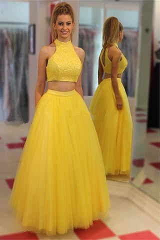 Yellow Two Pieces High Neckline Tulle Cheap Long Prom Dress K685