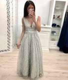 A Line V Neck Lace Prom Dress, Cheap Long Evening Dress OKK20