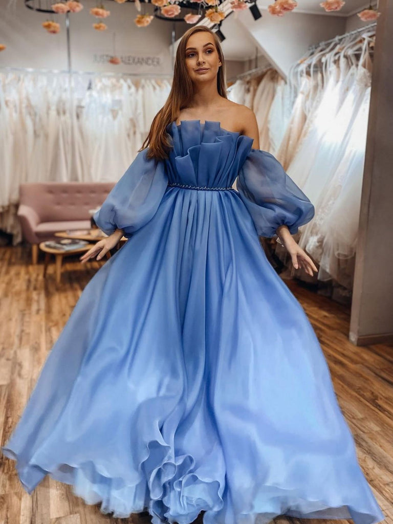 Blue Organza Long Sleeves Strapless Prom Dress A Line Long Evening Dress OK1174