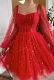 Red Tulle A Line Long Sleeves Homecoming Dress With Stars Graduation Dress OKZ51