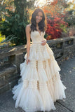 Beautiful A Line Spaghetti Straps Long Prom Dress With Ruffles Formal Evening Dress OK1187