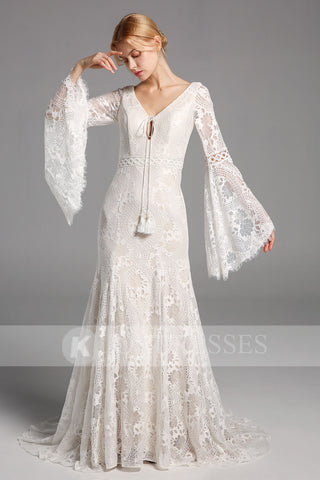 Gorgeous Lace Applique Wedding Dress Boat Neck Long Sleeve Chapel Trai –  Okdresses