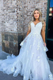 A Line Lace Appliques Tulle Long Prom Dress White Spaghetti Straps Formal Evening Dress OK1185