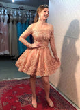 Pink Lace Tulle Short Prom Dress A Line Long Sleeves Off the Shoulder Homecoming Dress OK1470