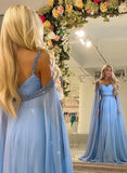 Sky Blue A Line Chiffon Long Prom Dress Beading Evening Dress OK1254