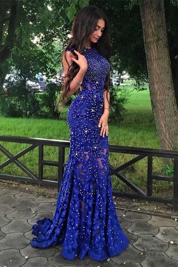 Sparkly Royal Blue Lace Beaded Long Mermaid Backless Prom Dress Evening Dresses K753