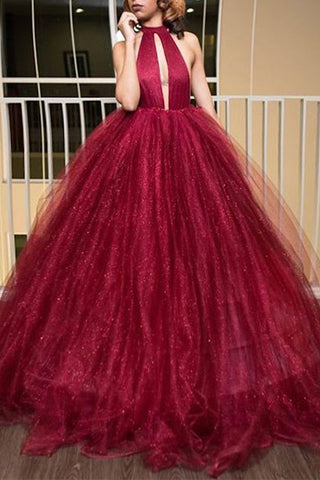 Princess Prom Dresses,Ball Gown Prom Dress,High Neck Prom Dresses,Burgundy Prom Dress,Backless Evening Dress,Tulle Prom Dresses