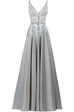 Grey A-line Satin Long Prom Dress for Women Evening Dress With Lace Appliqued OKY55