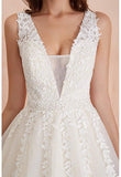 Elegant A-line Tulle Sleeveless Wedding Dress Lace Appliques Prom Gown OKU49
