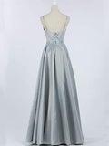 Grey A-line Satin Long Prom Dress for Women Evening Dress With Lace Appliqued OKY55