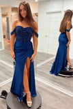 Navy Blue Sequin and Satin Off-the-Shoulder Long Prom Dress with Slit OK1963