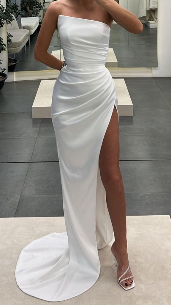 Mermaid Strapless Sexy Slit Long Prom Dresses Chic Evening Dresses OK1557
