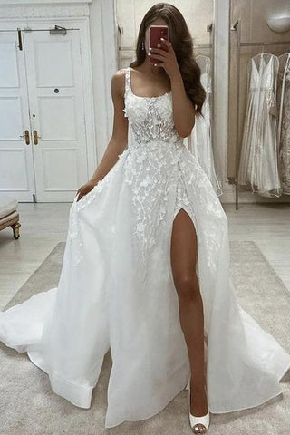 A-line Lace Appliques Split Long Wedding Dress Elegant Bridal Dress OK1005