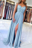 Light Blue Chiffon Slit Spaghetti Straps Prom Dress, Long Evening Dress OKQ5