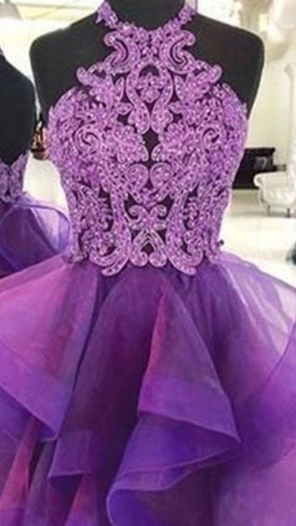 A Line Halter Purple Homecoming Dress, Short Prom Dress With Lace OKN87
