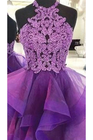 A Line Halter Purple Homecoming Dress, Short Prom Dress With Lace OKN87