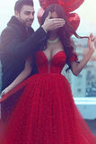 Charming A-Line Off-the-Shoulder Court Train Red Tulle Prom Dresses OK915