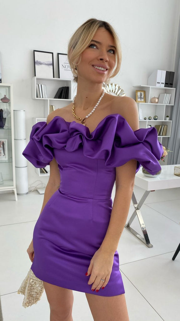 Purple Off the Shoulder Bodycon Ruffled Short Homecoming Dresses OK1547