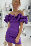 Purple Off the Shoulder Bodycon Ruffled Short Homecoming Dresses OK1547