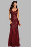 Mermaid Burgundy Tulle Long Sequined Prom Dress XU90813