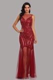 Burgundy Sheath Sexy Lonmg Prom Dress With Sequins XU90816