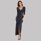 3/4 Sleeves V Neck Sheath Sequins Slit Prom Dress XU90820