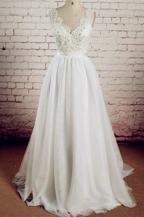 V-neck Ivory Lace Beading Long Handmade A-line Tulle Wedding Dress W28