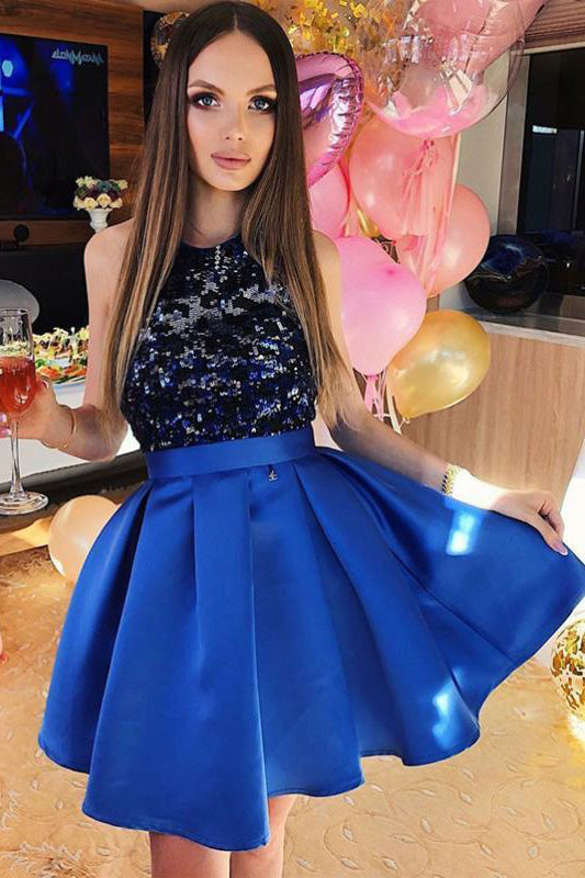 A-Line Royal Blue Satin Homecoming Dress With Lace Top OKO48