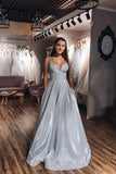 A-Line V-neck Spaghetti Straps Silver Sparkle Prom Dress with Pockets OK1964