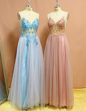 Women's Long V Neck Sexy Evening Dress A-line Tulle Beaded Prom Dress Blush OKY57