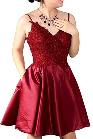 Burgundy Satin A-line Short Homecoming Dress with Pockets for Juniors Graduation V Neck Party Gown OKY52