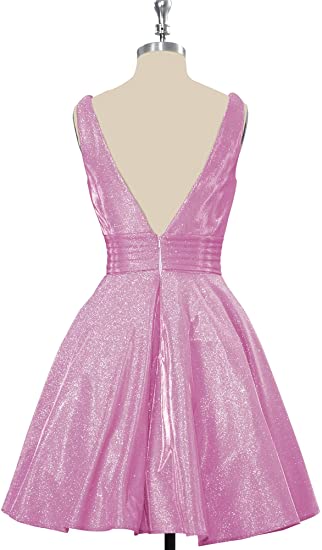 Pink Sequins Short Homecoming Dress A-line V Neck Graduation Dress Party Gown OKY51