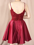 Burgundy Satin A-line Short Homecoming Dress with Pockets for Juniors Graduation V Neck Party Gown OKY52