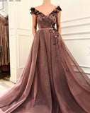 A Line V Neck Cap SleevesBrown Long Flowers Prom Dress With Pockets OKR10