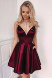 New Burgundy Satin Short Homecoming Dress With Pockets OKP45