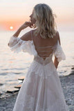 Spaghetti Straps Cold Shoulder Ivory Tulle V Neck Wedding Dress OKP86