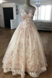 Charming A Line Round Neck Floral Appliques Long Prom Dress OK1065