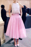 Sparkly Pink Two Pieces Beaded Tea-length Long Prom Dress For Teens K771