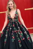 A-Line Deep V-Neck Black Lace Sleeveless Prom Dresses with Floral Appliques OKI89